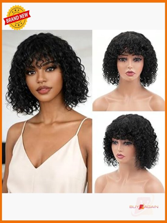 12 Inch Deep Wave Bob Wig with Bangs 200 Density Virgin Human Hair Glueless main image 6